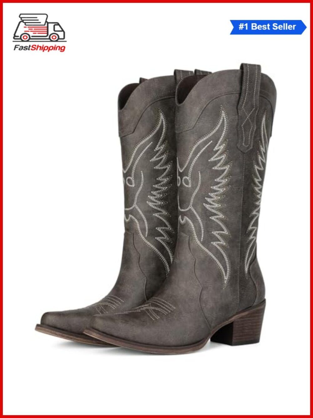 Western Cowgirl Boots Faux Leather Snip Toe Mid Calf Chunky Heel Country